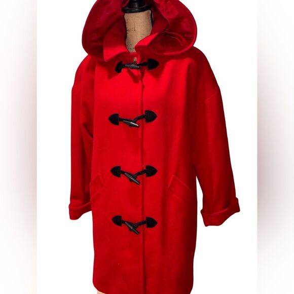 Mackintosh Red Wool Blend Hooded Duffle Coat Black Toggle Fasteners size 12P - Picture 2 of 12